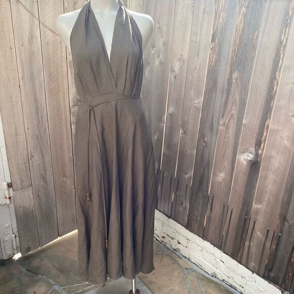 ZARA LINEN BLEND KHAKI HALTER NECK MIDI DRESS blogger’s favorite size large - Picture 4 of 16